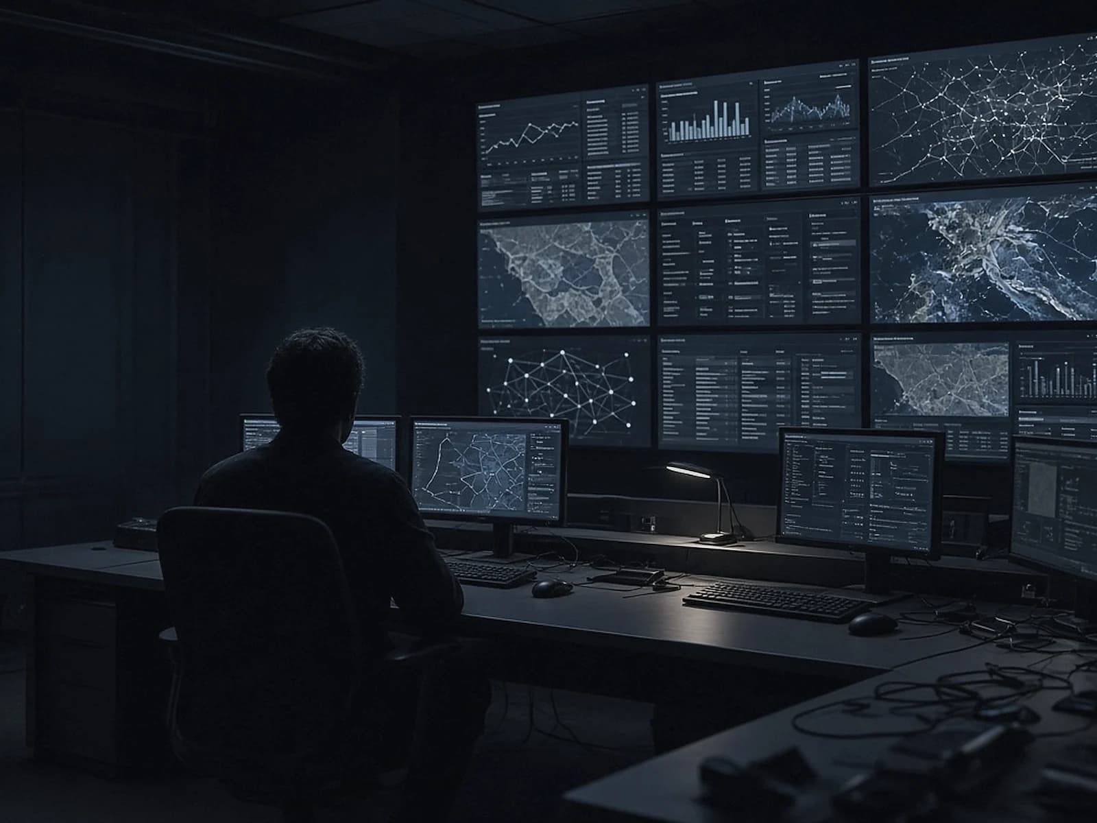 A dark control room: one person seen from behind at a desk of monitors, facing a wall of dashboards and network maps.