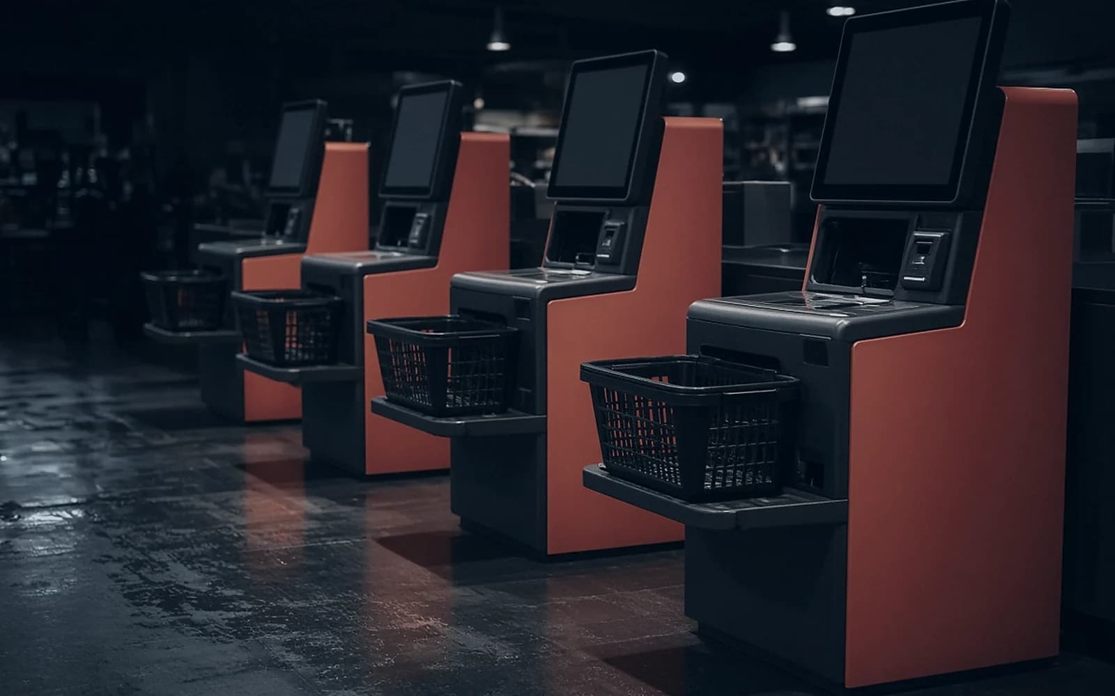 A row of orange supermarket self-checkout terminals in a dim store, screens dark, an empty basket sitting on each bagging shelf.
