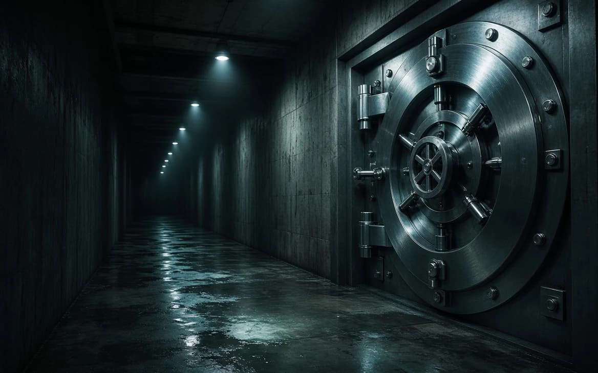 A bank vault door at the end of a dim concrete corridor, lit by a line of ceiling lamps, the wet floor holding their reflection.