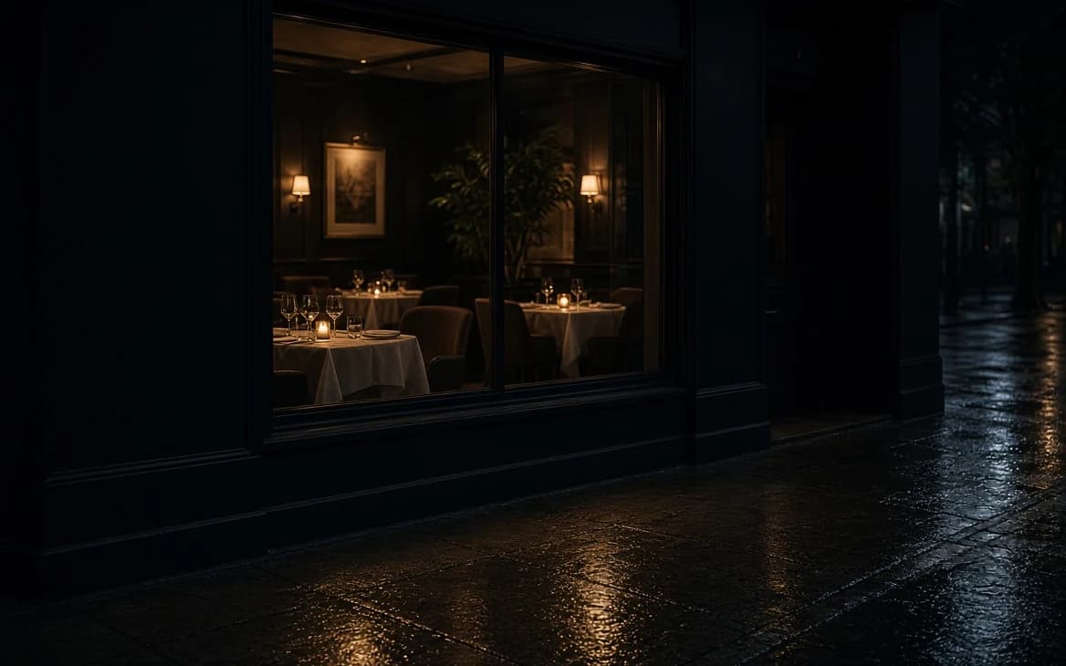 A restaurant window at night seen from a wet pavement, the dining room lit warm inside — laid tables, candles and wall lamps — behind dark glass.