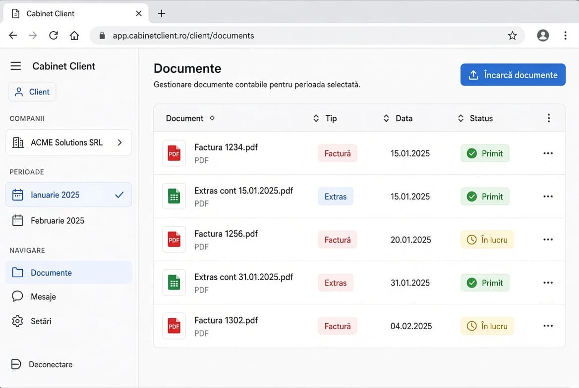 A client document portal: companies and months down the left, and a table of documents for the selected month with file type, date and a status of received or in progress.
