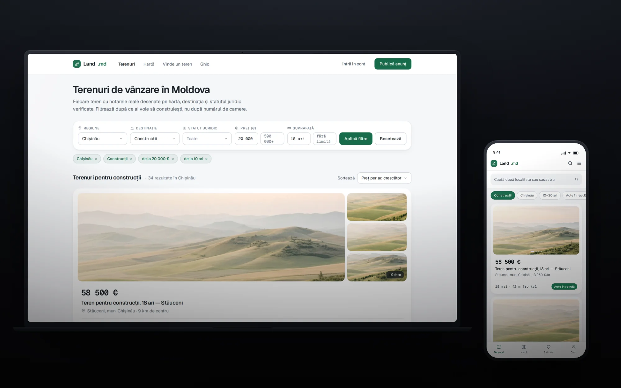 The Land platform search page on a laptop and a phone, listing plots with photographs, area and price per are.