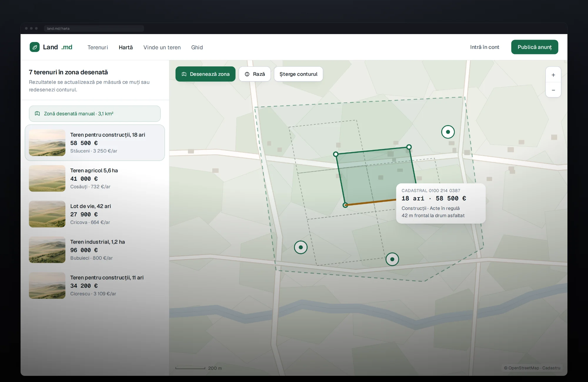 Map search: a hand-drawn area over farmland with one parcel selected and its cadastral details in a callout.