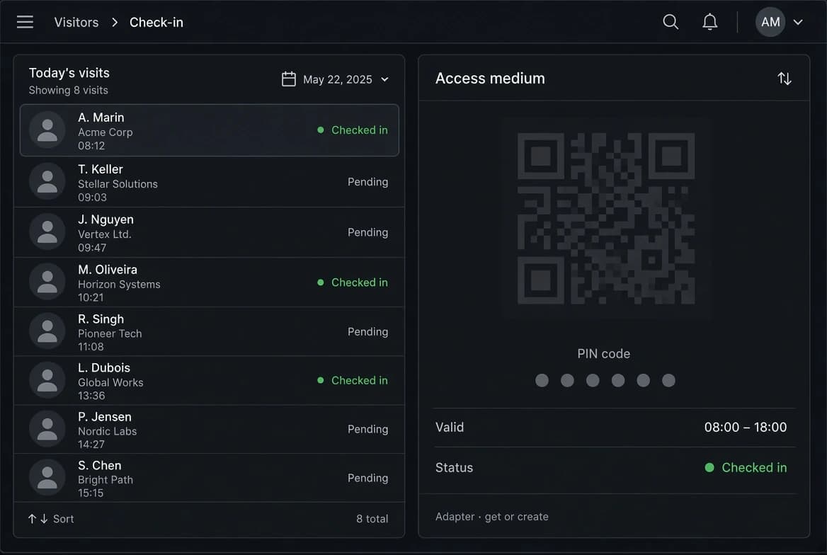 A visitor check-in screen: the day's visits listed down the left with their status and arrival times, and on the right the access medium issued for the selected visit — a QR code, a PIN field, the hours it is valid for, and whether the person has checked in.