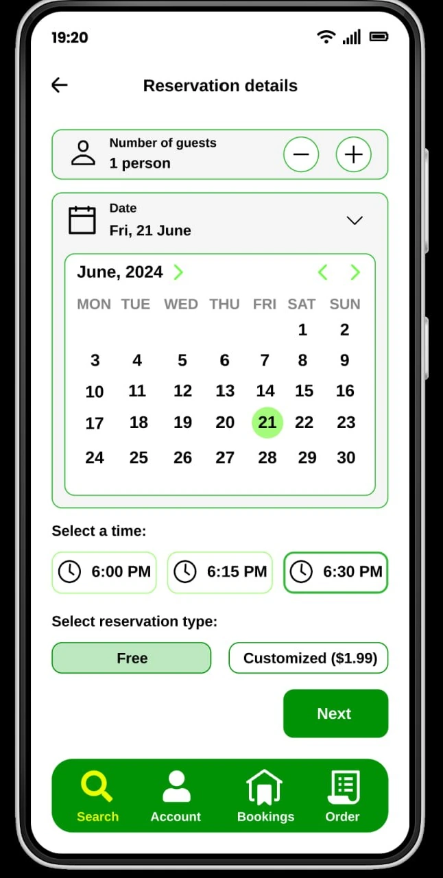 The reservation screen on a phone: a stepper for the number of guests, a June calendar with the twenty-first selected, a row of time slots with 6:30 PM chosen, a choice between a free and a customised reservation, and Next.
